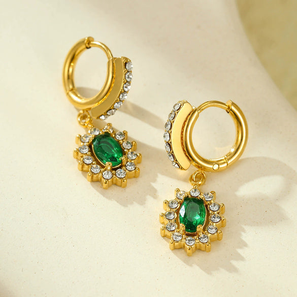 Jewelry Stainless Steel Earrings With 18K Gold Sunflower Emerald Zircon Pendant Electroplating Style For Women