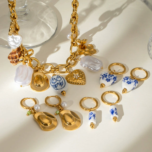 Jewelry Stainless Steel Geometric Bow Pearl Necklace And Ceramic Earrings Electroplating