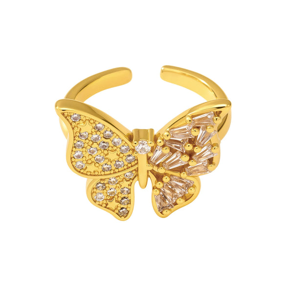 Jewelry 316L Stainless Steel Geometric Butterfly Ring With Gold Plated And Zircon Inlaid