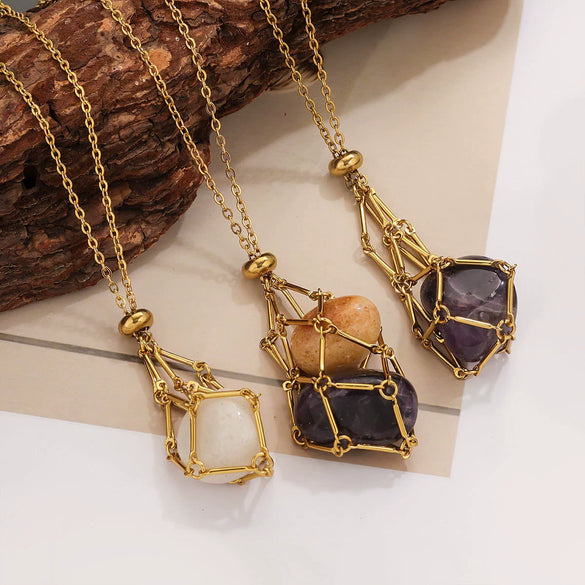 Jewelry Stainless Steel Geometric Net Bag Woven Pendant With Natural Crystal Accessories Electroplated