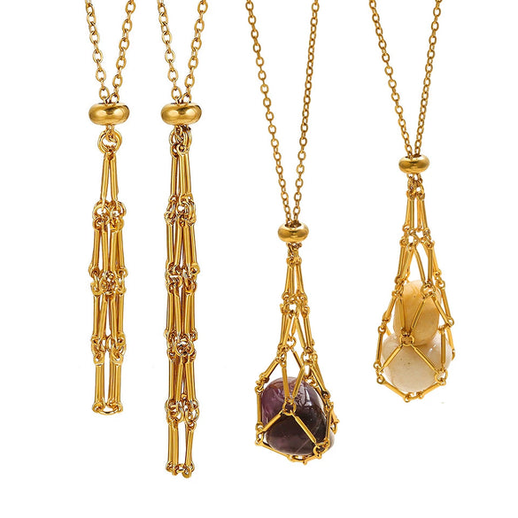 Jewelry Stainless Steel Geometric Net Bag Woven Pendant With Natural Crystal Accessories Electroplated