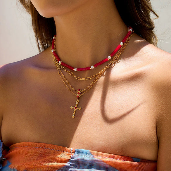 Jewelry Stainless Steel Geometric Square Tube Pearl Natural Stone Electroplated Light Luxury Women's Necklace