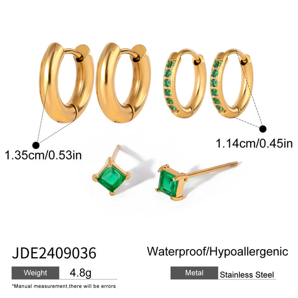 Jewelry Stainless Steel Geometric Square Zircon Earrings Three Piece Set Electroplating For Women