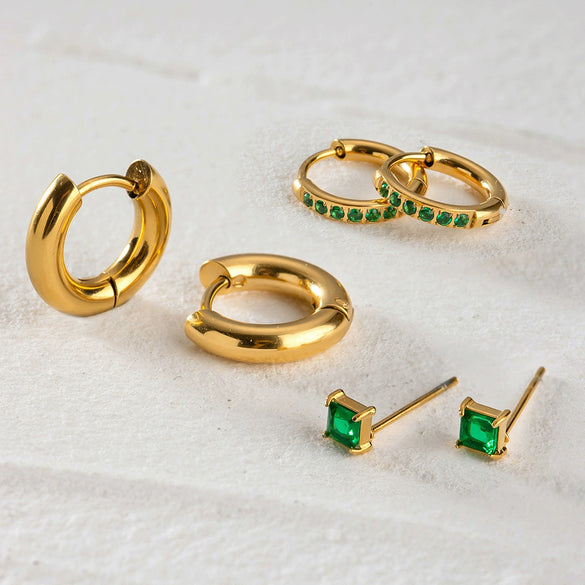 Jewelry Stainless Steel Geometric Square Zircon Earrings Three Piece Set Electroplating For Women