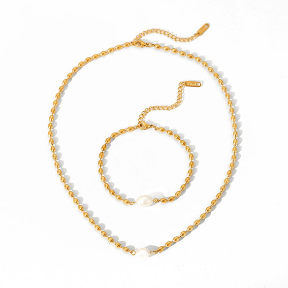 Jewelry Stainless Steel Geometric Style Natural Freshwater Pearl Oval Gold Bean Necklace And Bracelet
