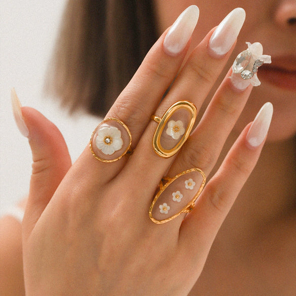 Jewelry Stainless Steel Glue Shell Geometric Flower Open Ring For Women