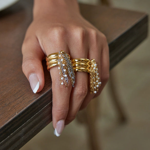Jewelry Stainless Steel Gold And Silver Color Matching Tassel Open Ring Women's Electroplated