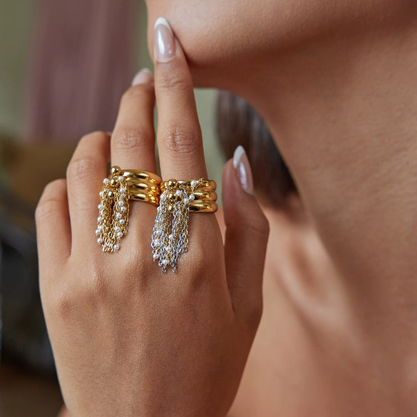 Jewelry Stainless Steel Gold And Silver Color Matching Tassel Open Ring Women's Electroplated