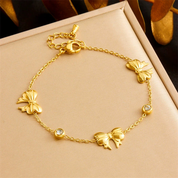 Jewelry Stainless Steel Gold Plated Retro Round Bow With Butterfly Dragonfly Insect Pattern For Women