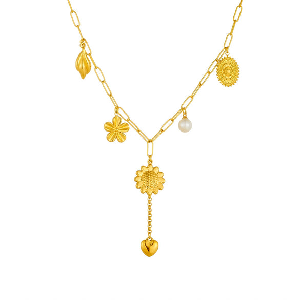 Jewelry Stainless Steel Goldplated Sunflower Leaf Oval Disc Pendant Necklace