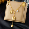 Jewelry Stainless Steel Goldplated Sunflower Leaf Oval Disc Pendant Necklace