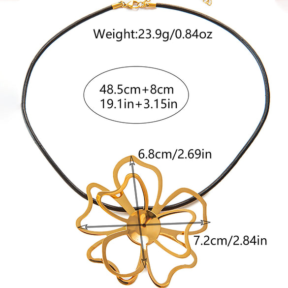 Jewelry Stainless Steel Hollow Flower Pendant Necklace With Electroplating Treatment And Cowhide Rope