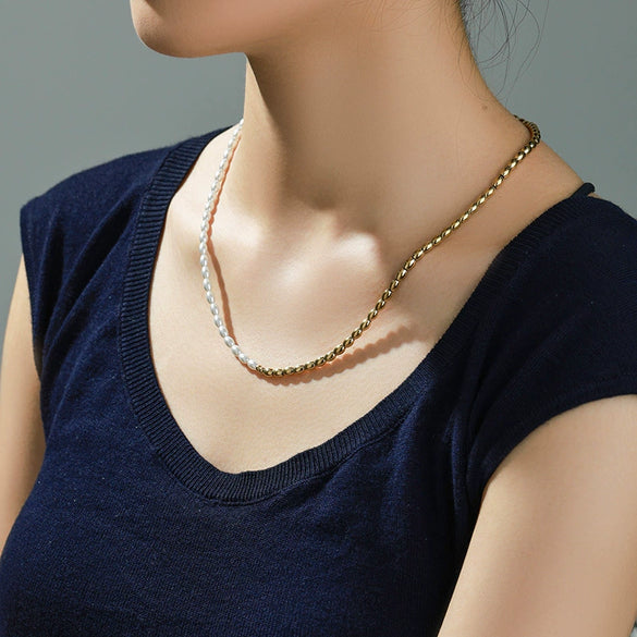 Jewelry Stainless Steel Imitation Pearl Geometric Beaded Necklace For Women With Electroplating