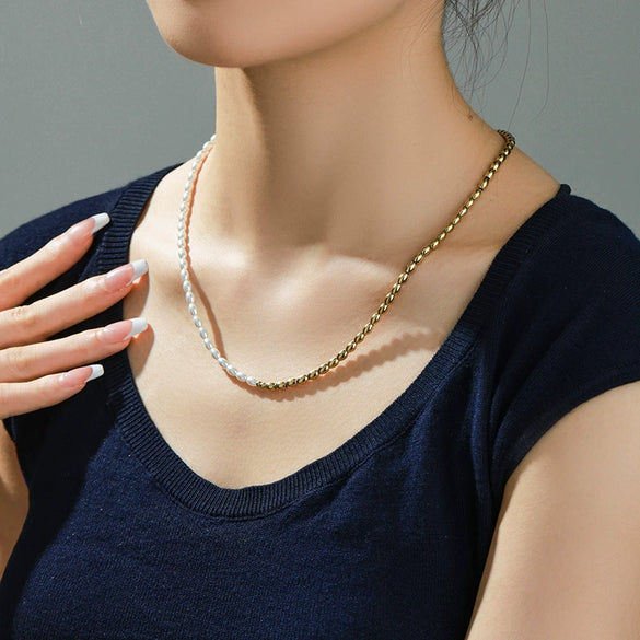 Jewelry Stainless Steel Imitation Pearl Geometric Beaded Necklace For Women With Electroplating