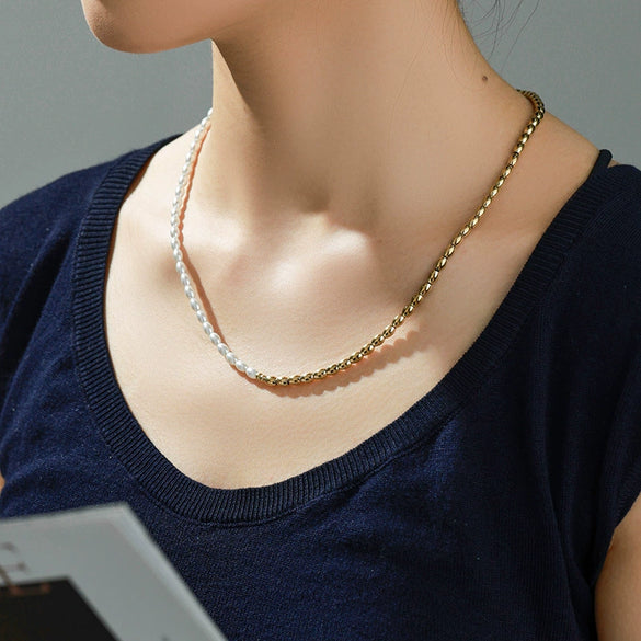 Jewelry Stainless Steel Imitation Pearl Geometric Beaded Necklace For Women With Electroplating