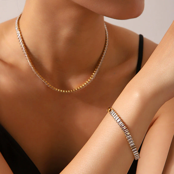 Jewelry Stainless Steel Inlaid Square Zircon Geometric Style Clavicle Chain For Women