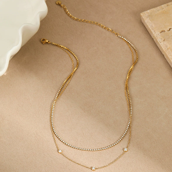 Jewelry Stainless Steel Inlaid Zircon Geometric Stacked Necklace Electroplated For Women