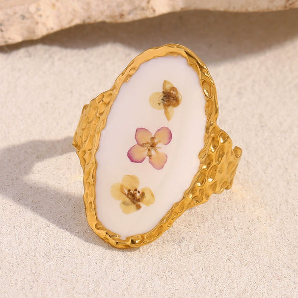 Jewelry Stainless Steel 18K Gold Plated Flower Patterned Opening Ring For Women