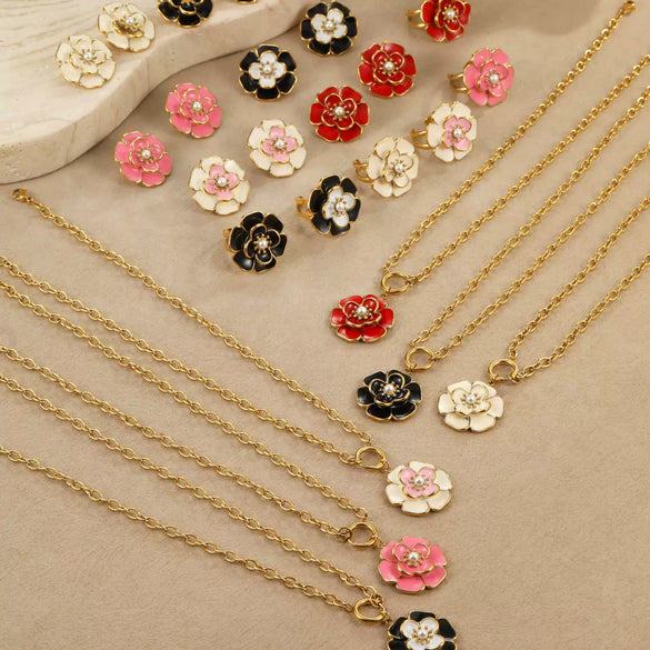 Jewelry Stainless Steel 18K Gold Plated Geometric Style Camellia Oil Drop Flower Necklace Ring Earrings