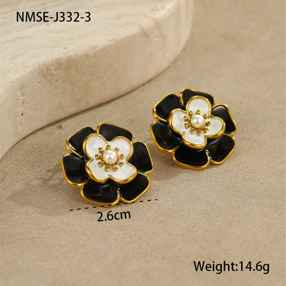 Jewelry Stainless Steel 18K Gold Plated Geometric Style Camellia Oil Drop Flower Necklace Ring Earrings