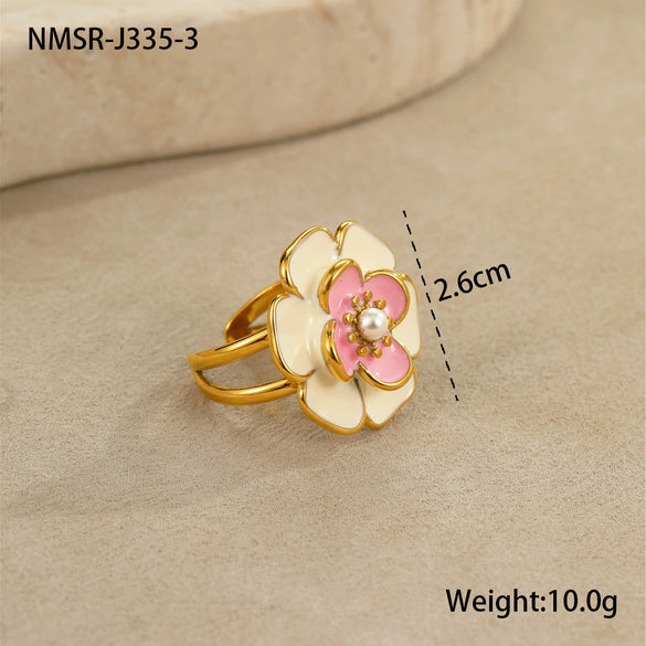 Jewelry Stainless Steel 18K Gold Plated Geometric Style Camellia Oil Drop Flower Necklace Ring Earrings