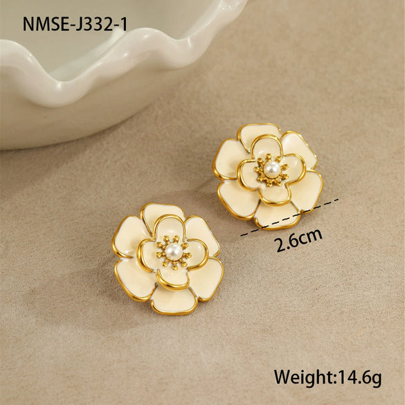 Jewelry Stainless Steel 18K Gold Plated Geometric Style Camellia Oil Drop Flower Necklace Ring Earrings