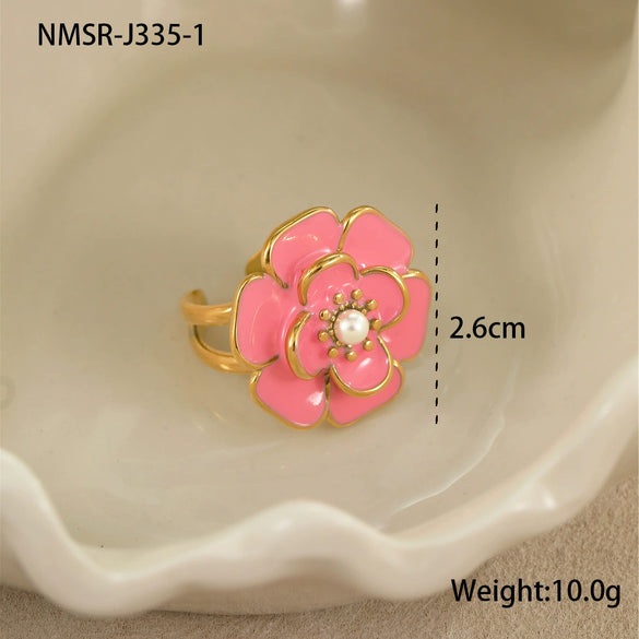 Jewelry Stainless Steel 18K Gold Plated Geometric Style Camellia Oil Drop Flower Necklace Ring Earrings