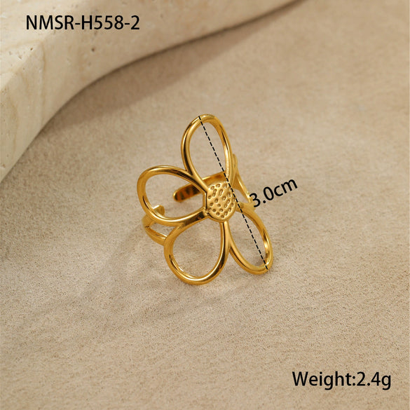 Jewelry Stainless Steel Light Luxury Retro Gold And Silver Color Matching Hollow Flower Ring And Earrings Electroplating For Women