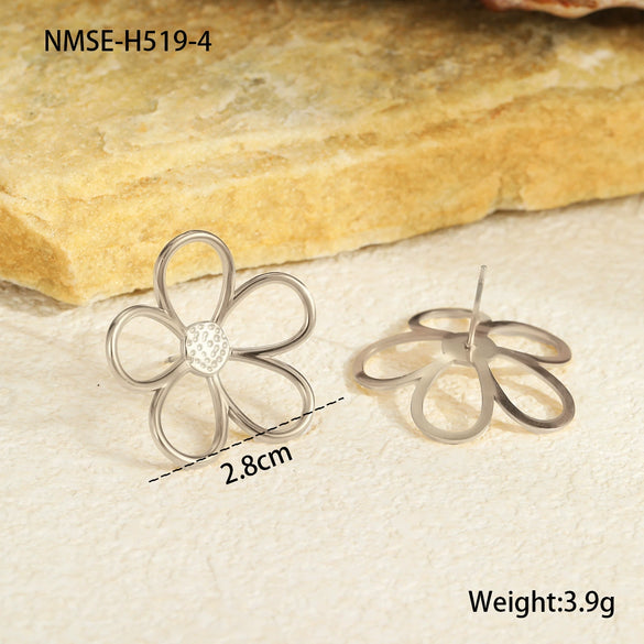 Jewelry Stainless Steel Light Luxury Retro Gold And Silver Color Matching Hollow Flower Ring And Earrings Electroplating For Women