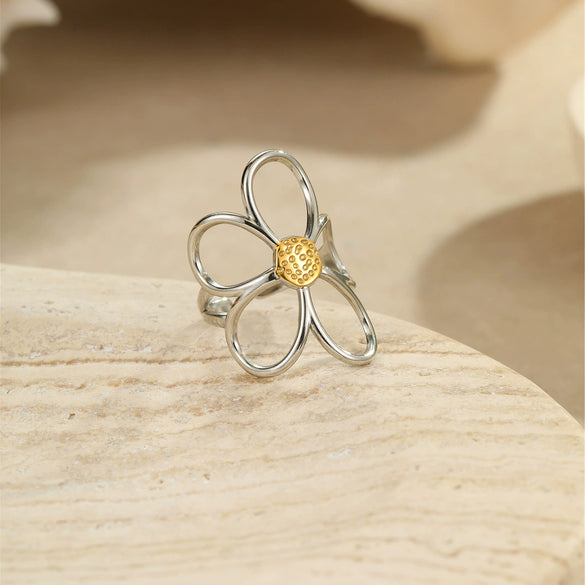 Jewelry Stainless Steel Light Luxury Retro Gold And Silver Color Matching Hollow Flower Ring And Earrings Electroplating For Women