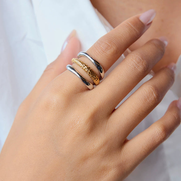 Jewelry Stainless Steel Minimalist Design Gold And Silver Colorblocking Threelayer Hollow Hammered Open Ring Geometric Style Electroplated For Women