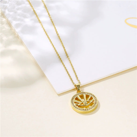 Jewelry Stainless Steel Mixed Gem Inlay Devil's Eye Pendant Necklace Electroplating