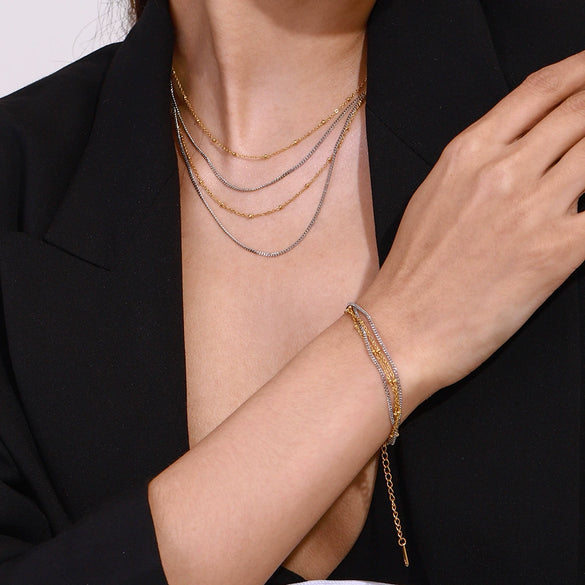 Jewelry Stainless Steel Multi Layer Chain Four Layer Necklace With Gold And Silver Color Matching And Geometric Design And Electroplating Treatment