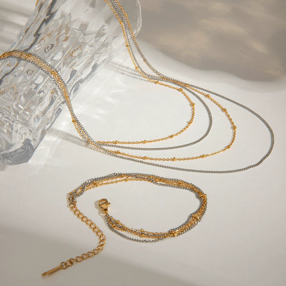 Jewelry Stainless Steel Multi Layer Chain Four Layer Necklace With Gold And Silver Color Matching And Geometric Design And Electroplating Treatment