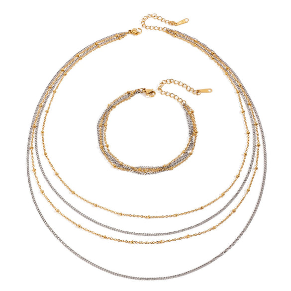 Jewelry Stainless Steel Multi Layer Chain Four Layer Necklace With Gold And Silver Color Matching And Geometric Design And Electroplating Treatment