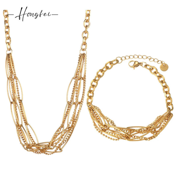 Jewelry Stainless Steel Multilayer Chain Splicing Geometric Style Electroplating Bracelet Necklace