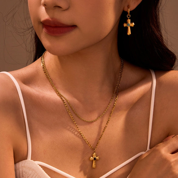Jewelry Stainless Steel Natural Stone Geometric Pendant Necklace And Cross Earrings Electroplating For Women