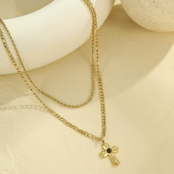 Jewelry Stainless Steel Natural Stone Geometric Pendant Necklace And Cross Earrings Electroplating For Women
