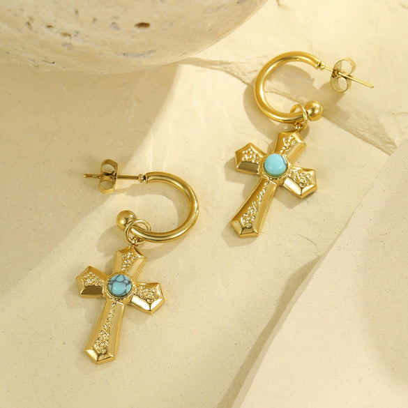 Jewelry Stainless Steel Natural Stone Geometric Pendant Necklace And Cross Earrings Electroplating For Women