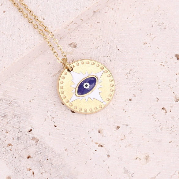 Jewelry Stainless Steel Necklace With Dripping Oil Eyes Star Moon Pendant For Women