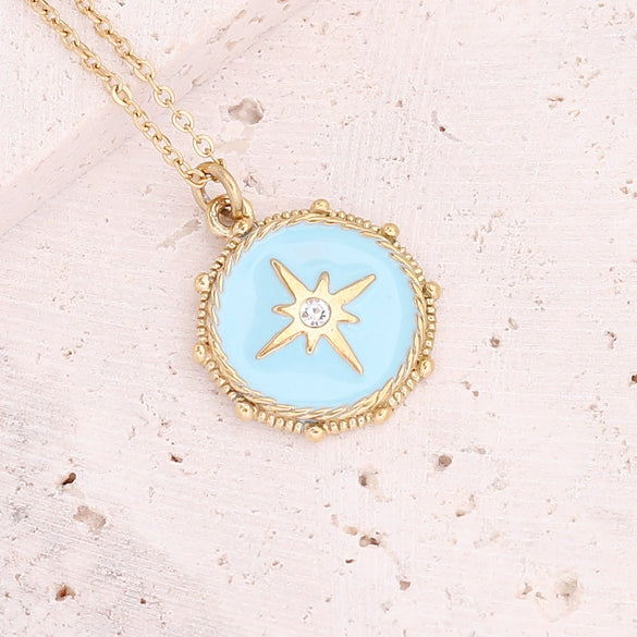 Jewelry Stainless Steel Necklace With Dripping Oil Eyes Star Moon Pendant For Women