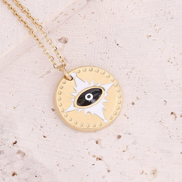 Jewelry Stainless Steel Necklace With Dripping Oil Eyes Star Moon Pendant For Women