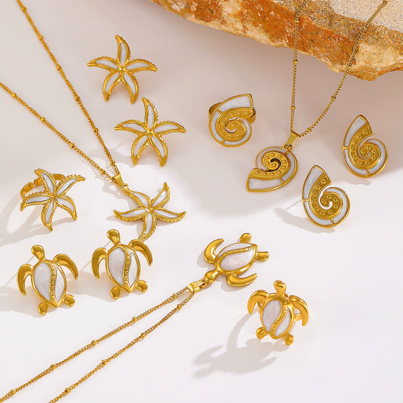 Jewelry Stainless Steel Ocean Style Marine Life Starfish Conch Turtle Pendant Set Electroplated