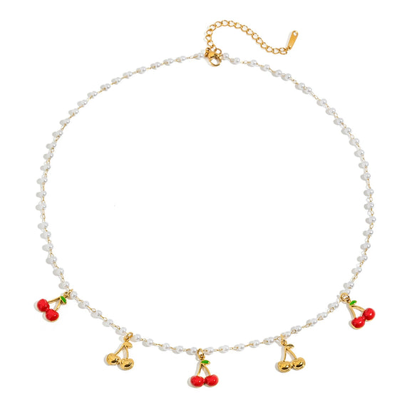 Jewelry Stainless Steel Oil Pearl Oil Cherry Pendant Chain Quiet Design Minimalist Bow Style 18K Gold Electroplated