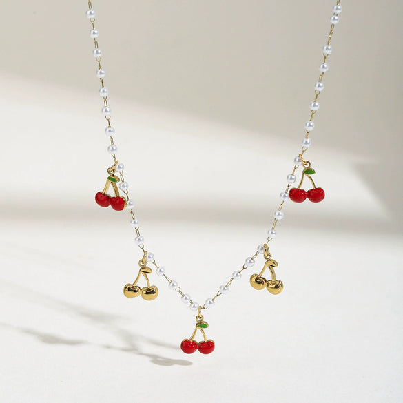 Jewelry Stainless Steel Oil Pearl Oil Cherry Pendant Chain Quiet Design Minimalist Bow Style 18K Gold Electroplated