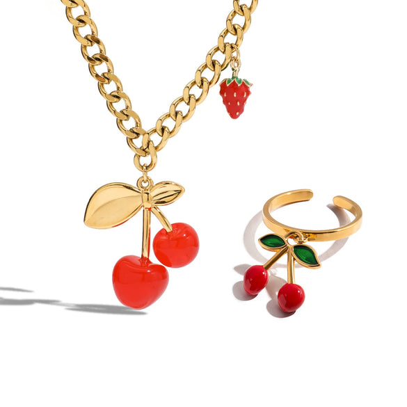 Jewelry Stainless Steel Oildropping Cherry Pendant Adjustable Open Ring Geometric Exaggerate Electroplating
