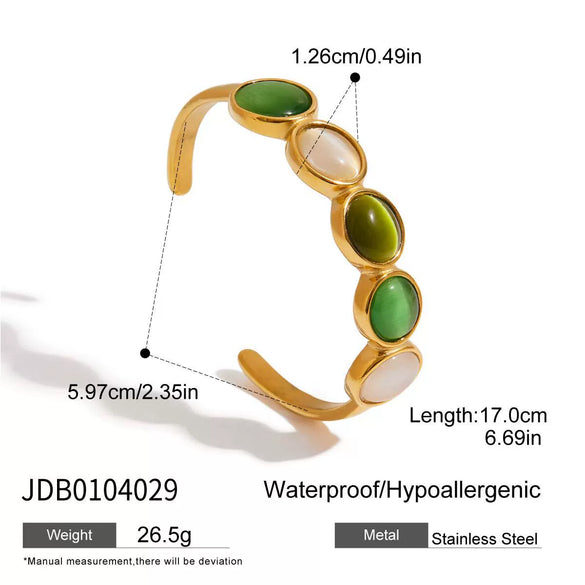 Jewelry Stainless Steel Open Bracelet With Green White Cat's Eye Stone Luxury Quiet And Elegant Design Geometric Electroplating