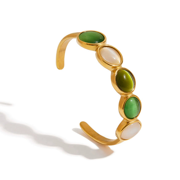 Jewelry Stainless Steel Open Bracelet With Green White Cat's Eye Stone Luxury Quiet And Elegant Design Geometric Electroplating