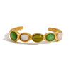 Jewelry Stainless Steel Open Bracelet With Green White Cat's Eye Stone Luxury Quiet And Elegant Design Geometric Electroplating
