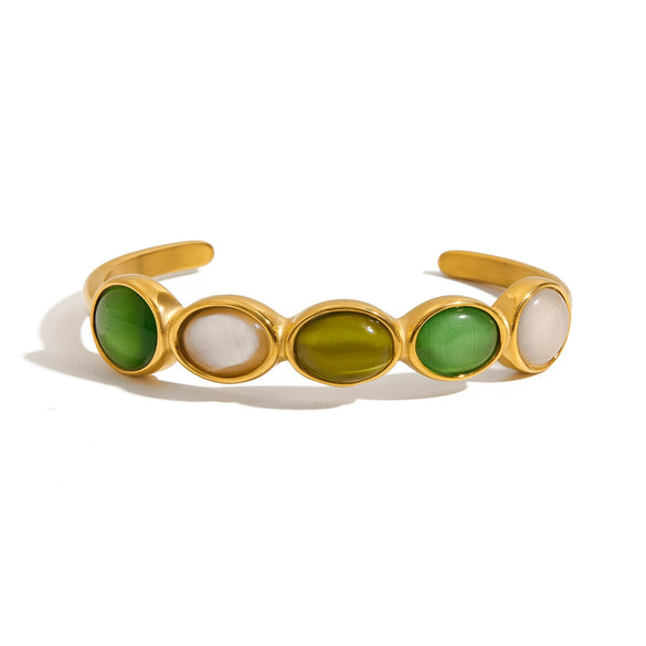 Jewelry Stainless Steel Open Bracelet With Green White Cat's Eye Stone Luxury Quiet And Elegant Design Geometric Electroplating
